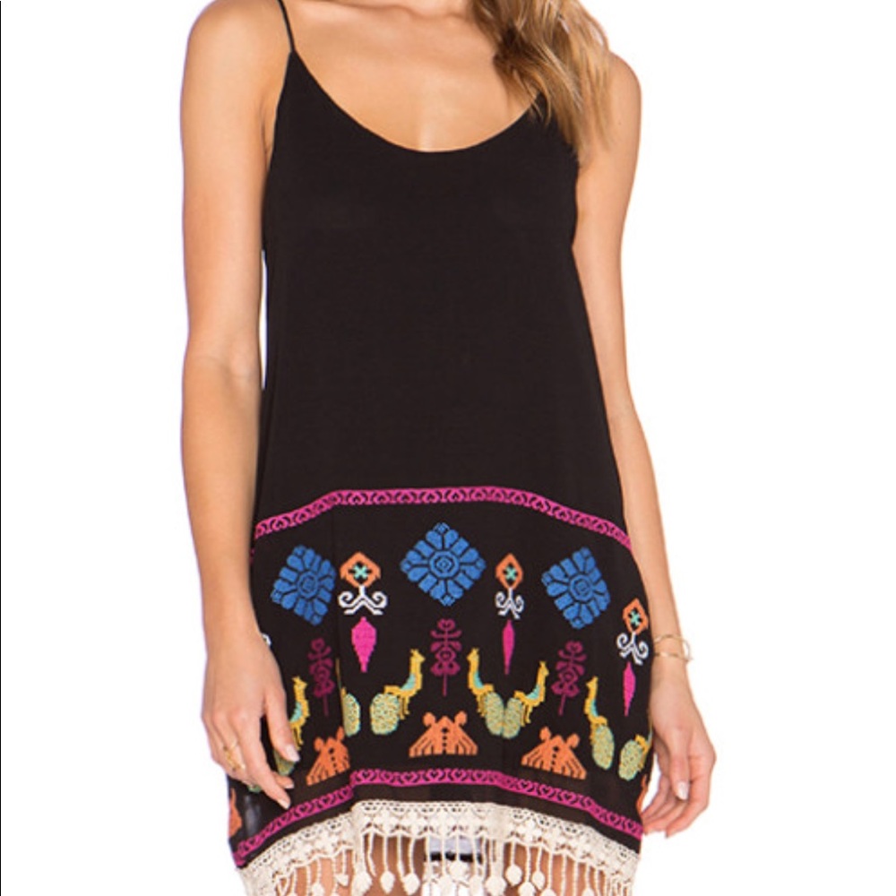 Black embroidered dress with fringe - XS